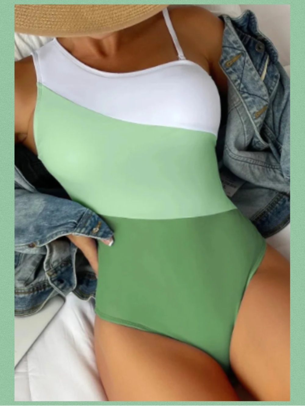 Three-Tone Green & White One-Piece Swimsuit.50